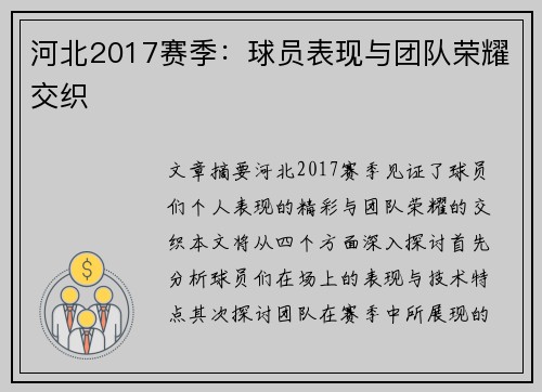河北2017赛季：球员表现与团队荣耀交织